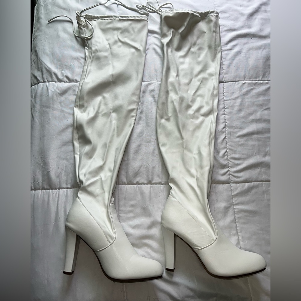 White thigh high boots